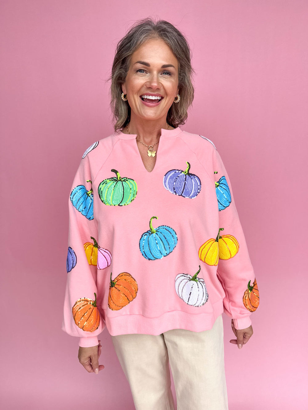 QUEEN OF SPARKLES | Pink Multi Pumpkin Sweatshirt