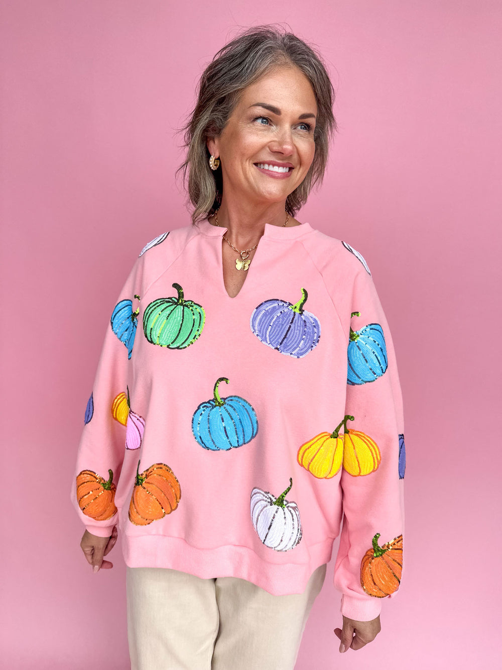 QUEEN OF SPARKLES | Pink Multi Pumpkin Sweatshirt