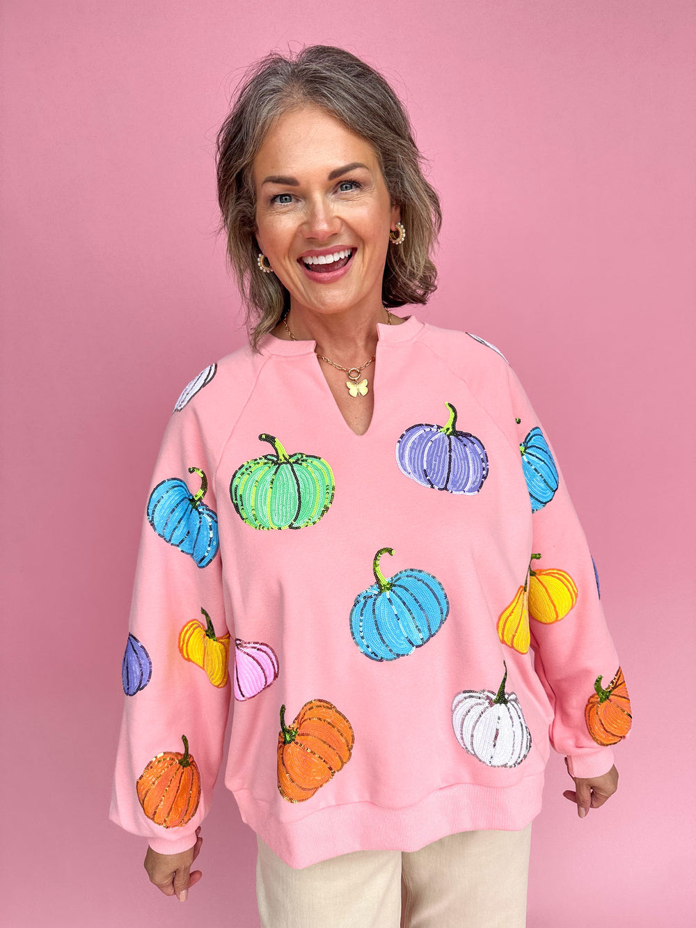 QUEEN OF SPARKLES | Pink Multi Pumpkin Sweatshirt