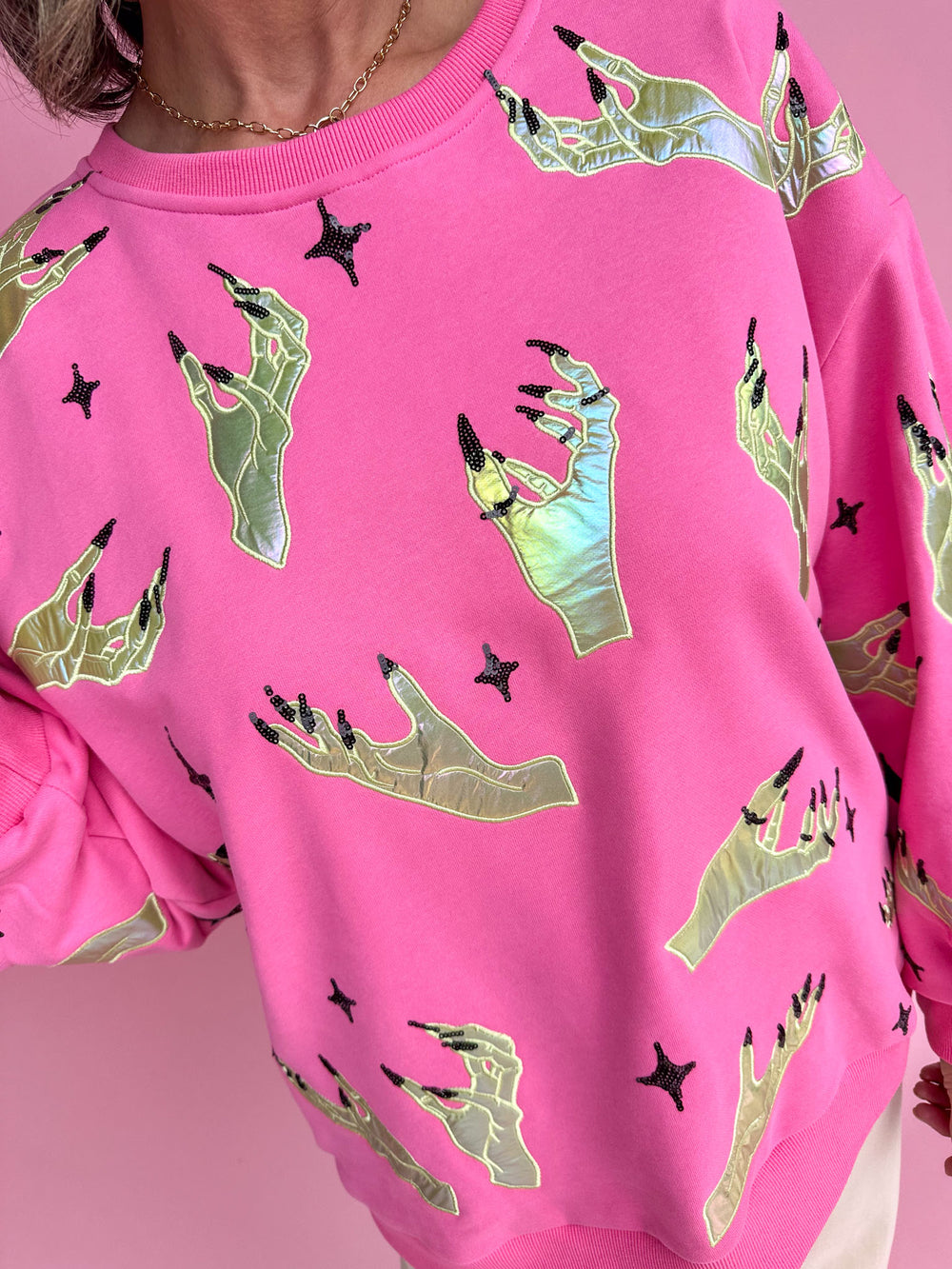 QUEEN OF SPARKLES | Pink & Green Witch Hand Sweatshirt