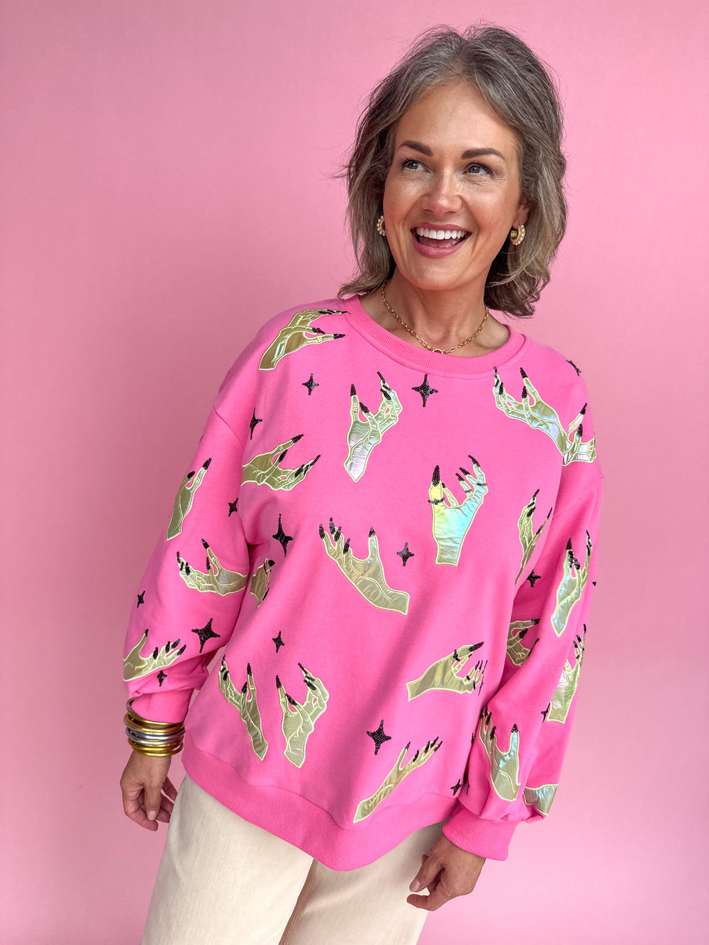 QUEEN OF SPARKLES | Pink & Green Witch Hand Sweatshirt