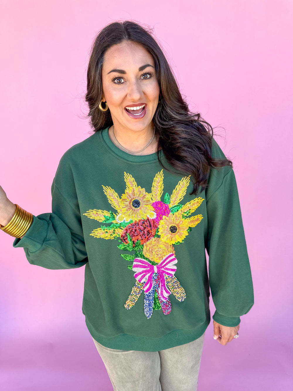 QUEEN OF SPARKLES | Dark Green Fall Bouquet Sweatshirt