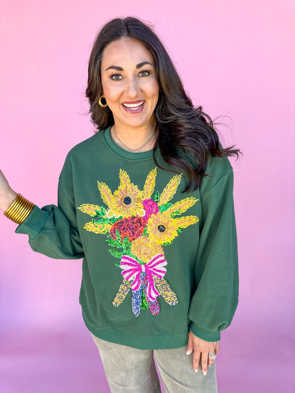 QUEEN OF SPARKLES | Dark Green Fall Bouquet Sweatshirt