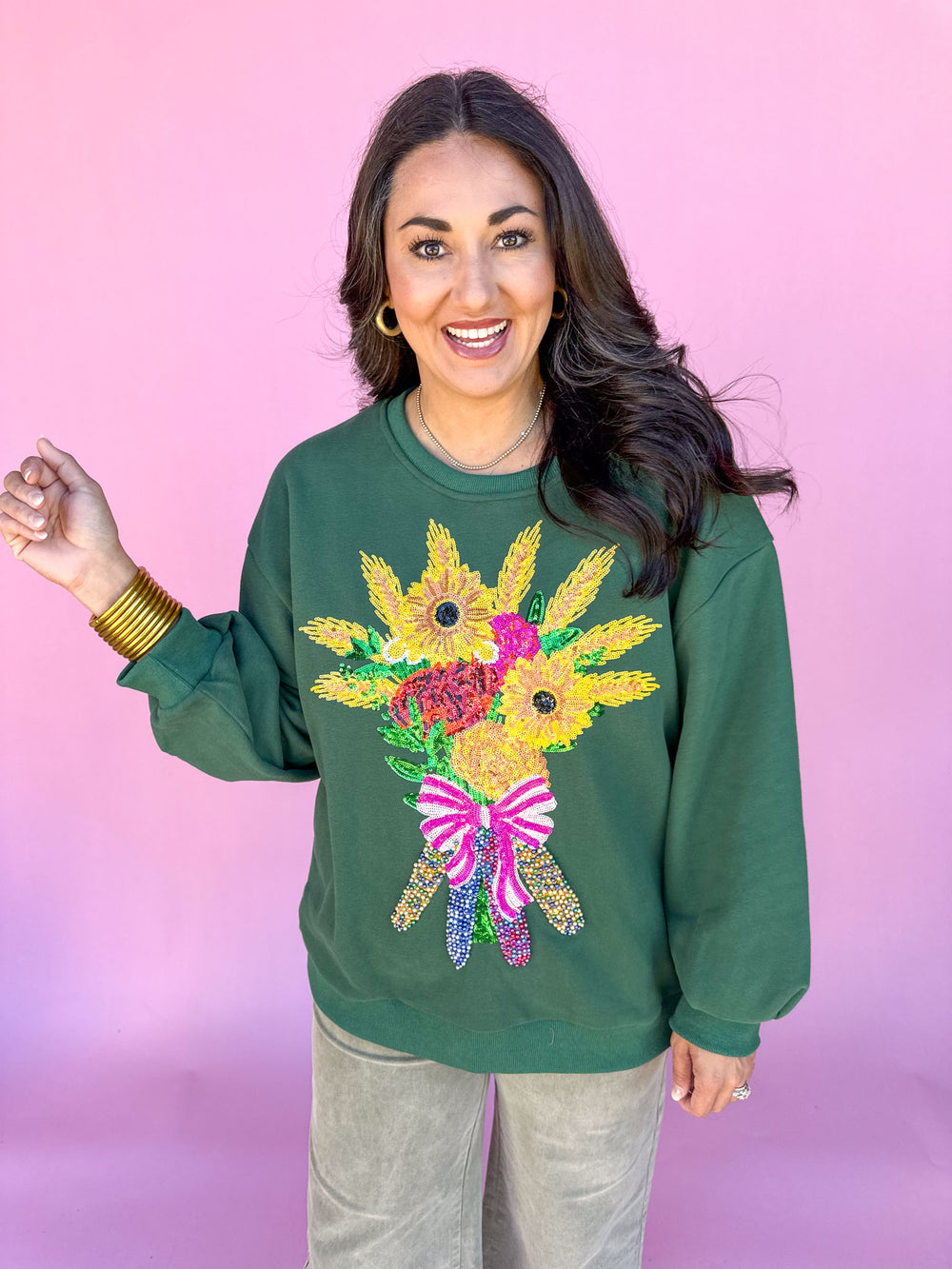 QUEEN OF SPARKLES | Dark Green Fall Bouquet Sweatshirt