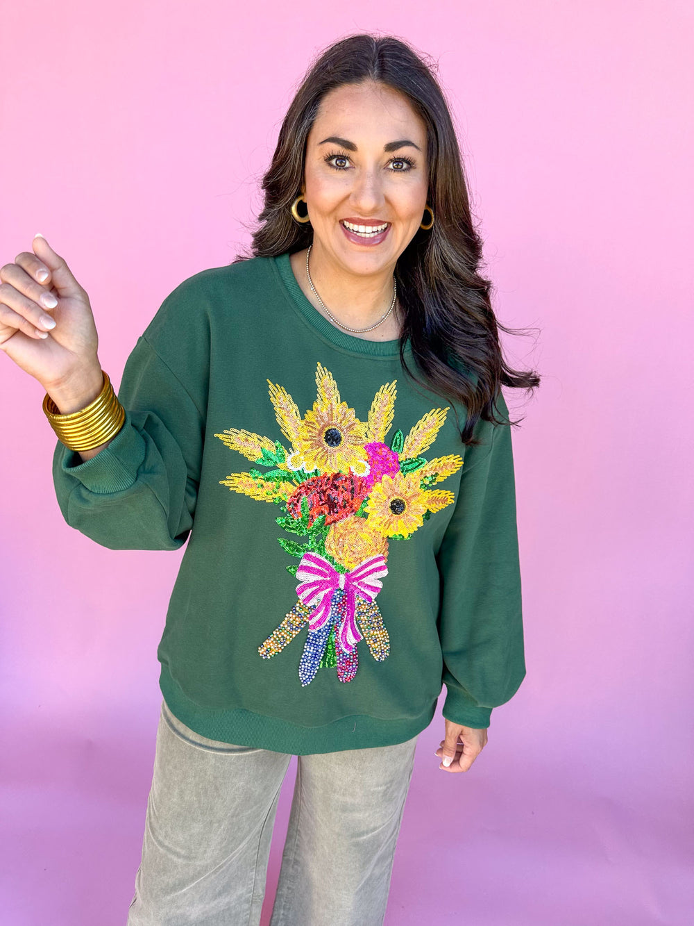 QUEEN OF SPARKLES | Dark Green Fall Bouquet Sweatshirt