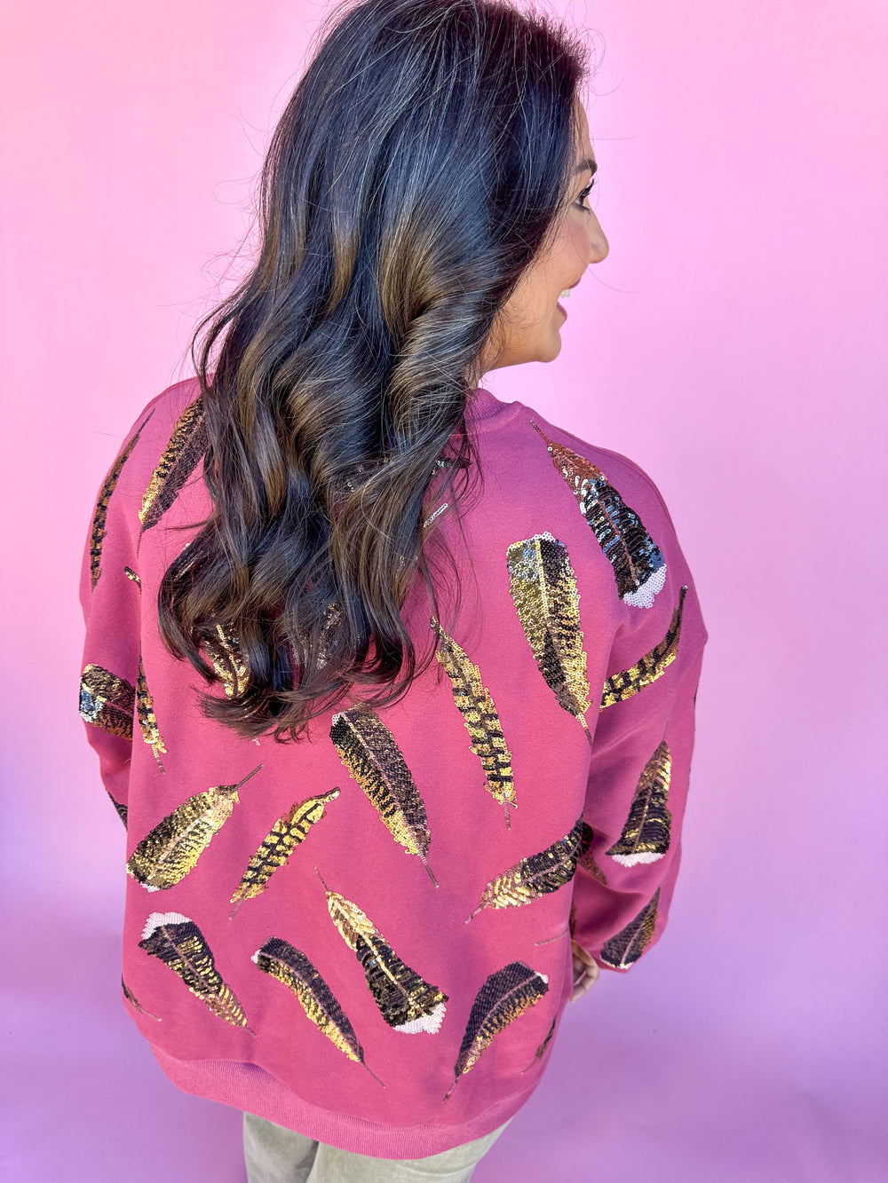 QUEEN OF SPARKLES | Dark Berry Turkey Feather Sweatshirt