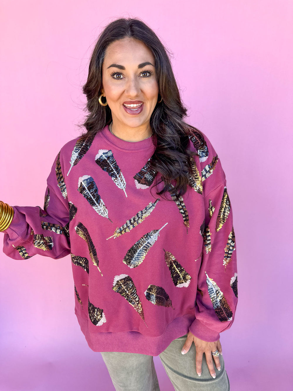 QUEEN OF SPARKLES | Dark Berry Turkey Feather Sweatshirt