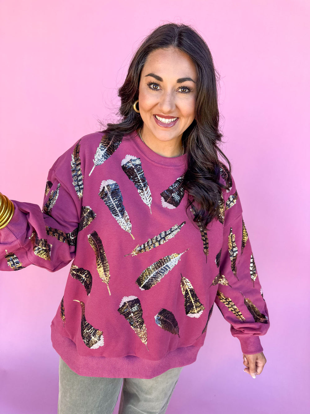 QUEEN OF SPARKLES | Dark Berry Turkey Feather Sweatshirt