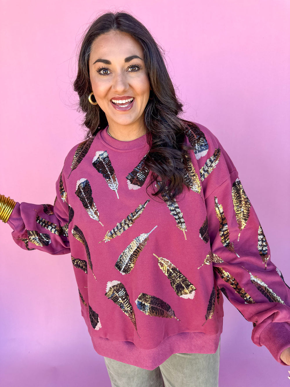 QUEEN OF SPARKLES | Dark Berry Turkey Feather Sweatshirt