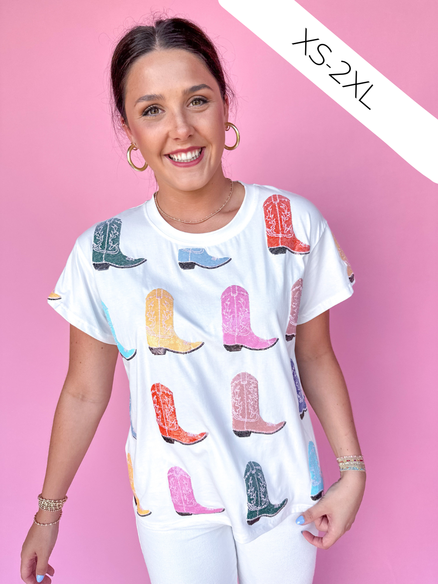 QUEEN OF SPARKLES | White Multi Cowboy Boot Tee