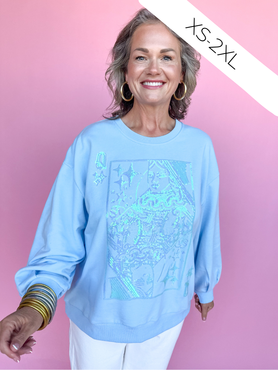 QUEEN OF SPARKLES | Light Blue Tonal QOS Logo Sweatshirt