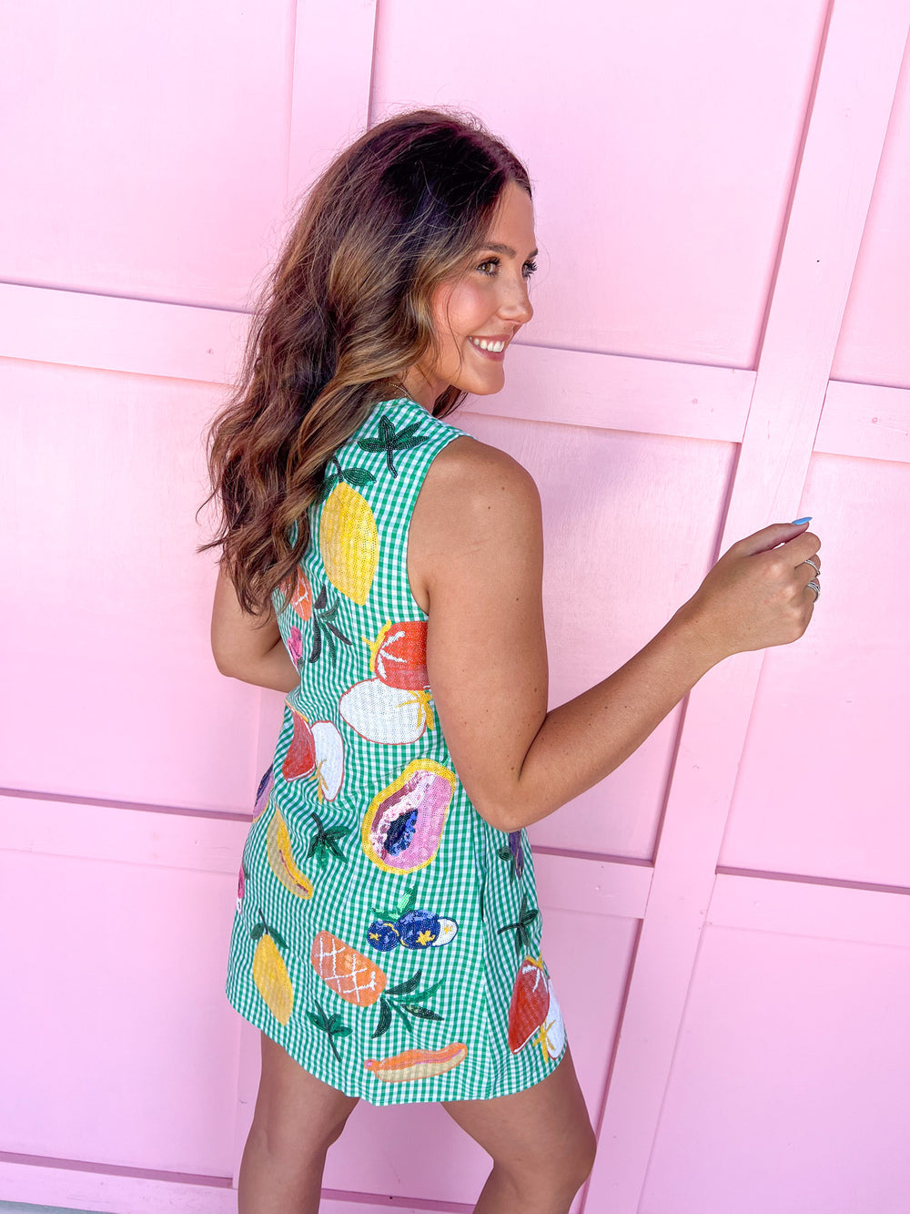 QUEEN OF SPARKLES | Green Gingham Fruit Button Up Tank Dress