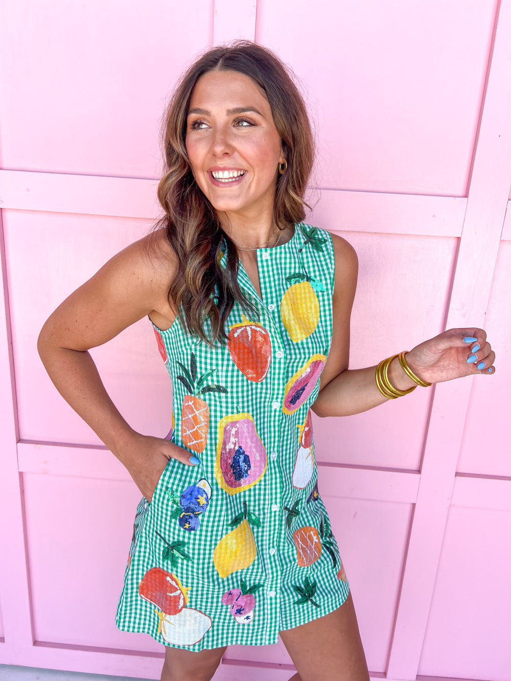 QUEEN OF SPARKLES | Green Gingham Fruit Button Up Tank Dress