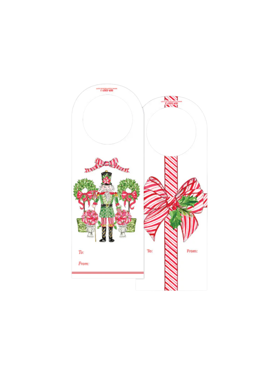 Rosanne Beck | Wine Tag - Red & White Striped Bow with Holly