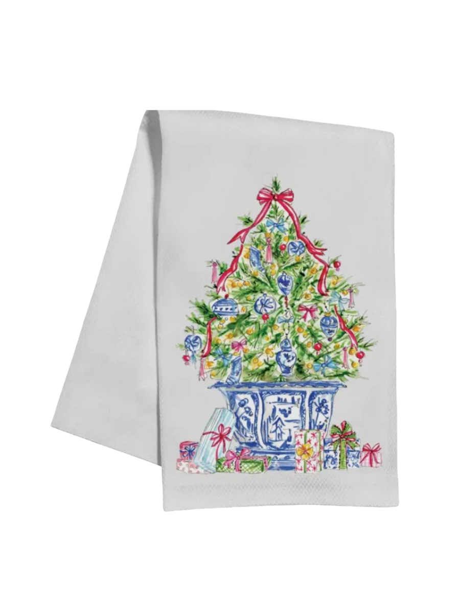 Rosanne Beck | Kitchen Towel - Christmas Tree With Chinoiserie Ornaments & Bow
