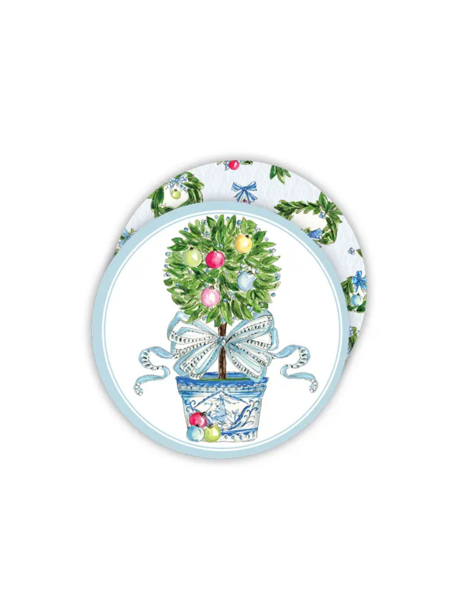 Rosanne Beck | Round Coaster - Handpainted Ornament Topiary With Blue Bow