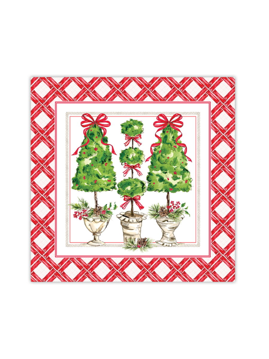 Rosanne Beck | Square Placemat - Handpainted Topiaries with Pine Cones and Red Bows