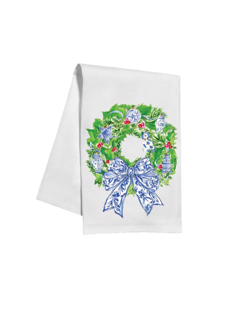 Rosanne Beck | Kitchen Towel - Wreath with Blue Chinoiserie Ornaments & Bow