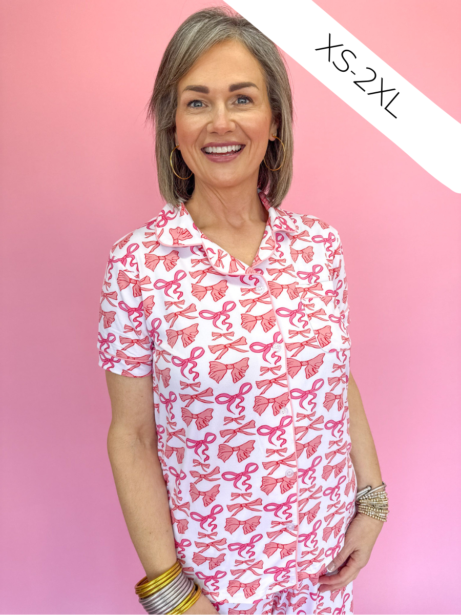 The Royal Standard Short Sleeve Button Up Pajama Shirt Sleepwear Loungewear Bows Collar Women's Gift Jincy's Boutique 
