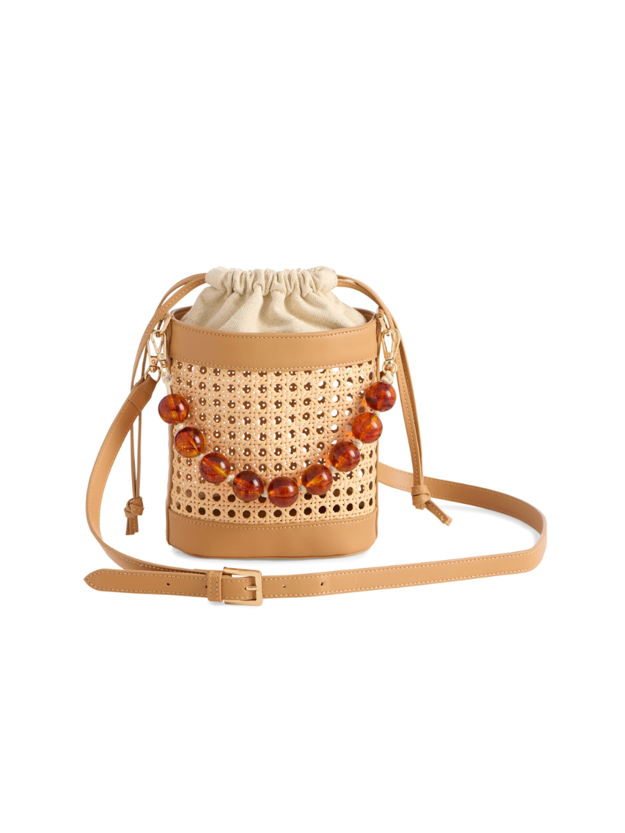 Lyra Bucket Bag Tan Shiraleah drawstring bag strap beaded accent womens boutique jincy's
