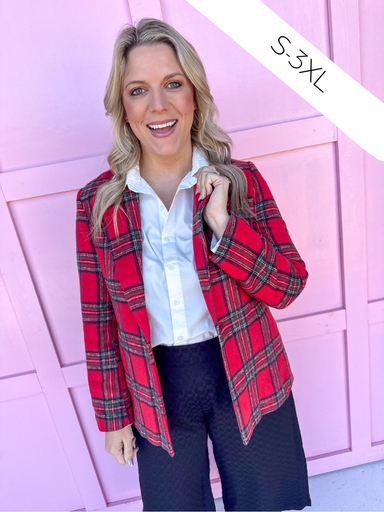 Jincy's Women's Boutique Festive Feeling Jacket Red Plaid Blazer