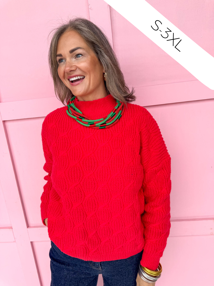 Jincy's Women's Boutique Warm & Cozy Mock Neck Sweater in Red Cable Knit Sweater Plus Size