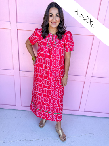 Jincy's Women's Boutique Happy Hour Dress Red Dress with White Bamboo Pattern Plus Size