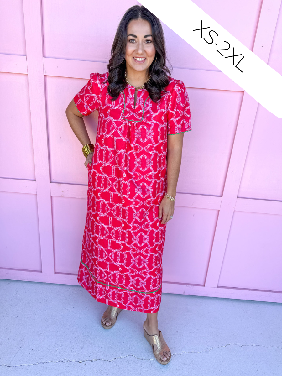 Jincy's Women's Boutique Happy Hour Dress Red Dress with White Bamboo Pattern Plus Size