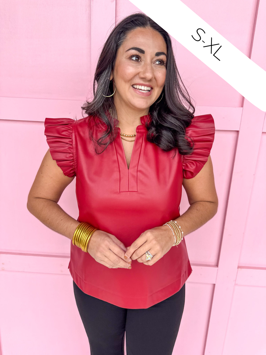 Jincy's Women's Boutique Make It Happen Top Red Faux Leather Top with Ruffles