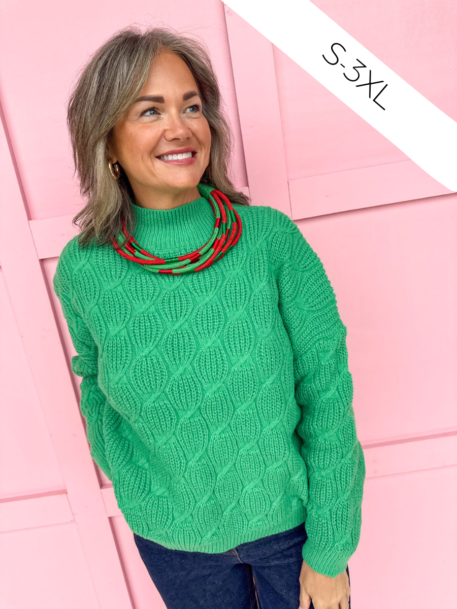 Jincy's Women's Boutique Warm & Cozy Mock Neck Sweater in Green Cable Knit Sweater Plus Size