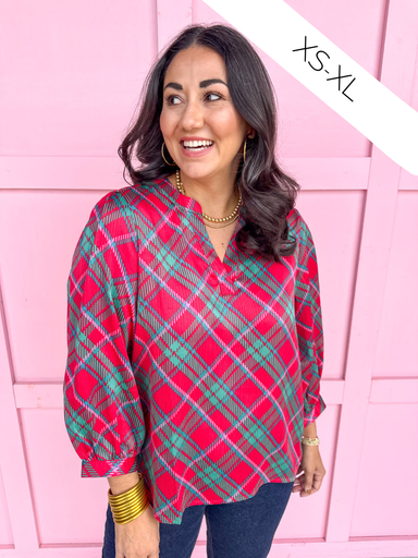 Mary Square Tamryn Top in Plaid About You Plus Size Red Green Pink Top