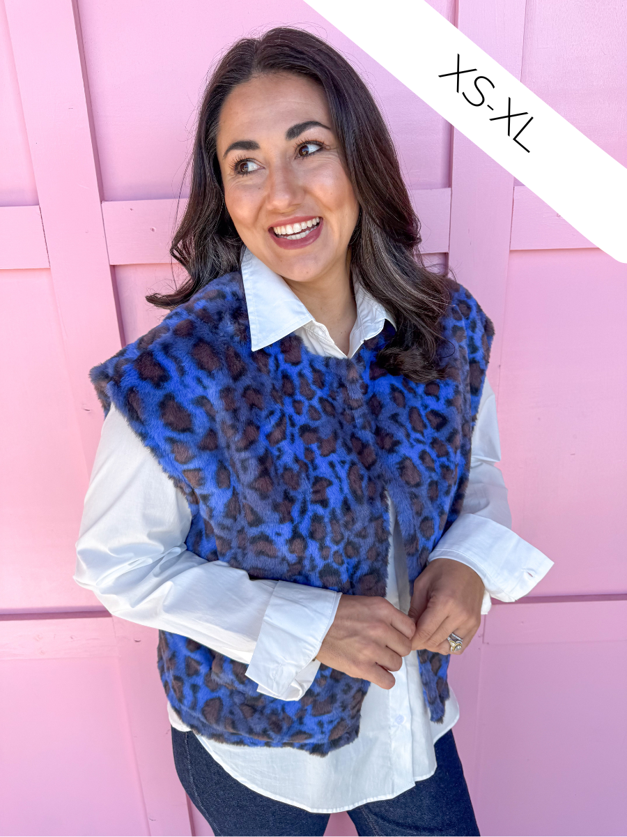 Jincy's Women's Boutique Winter Styles Plus Size Blue Leopard Fur Vest