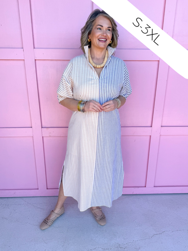 Adrienne | Blakely Dress - Almond/Brown Seersucker Stripes