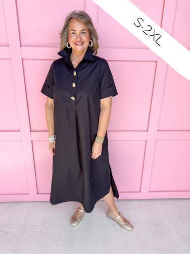 Jincy's Women's Boutique Picture Perfect Dress black Midi Dress with Bold Gold Button