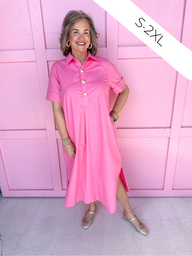 Jincy's Women's Boutique Picture Perfect Dress Pink Midi Dress with Bold Gold Buttons