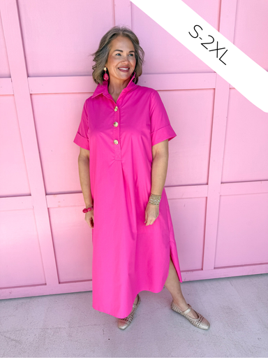 Jincy's Women's Boutique Picture Perfect Dress - Hot Pink Midi Dress with Bold Gold Buttons