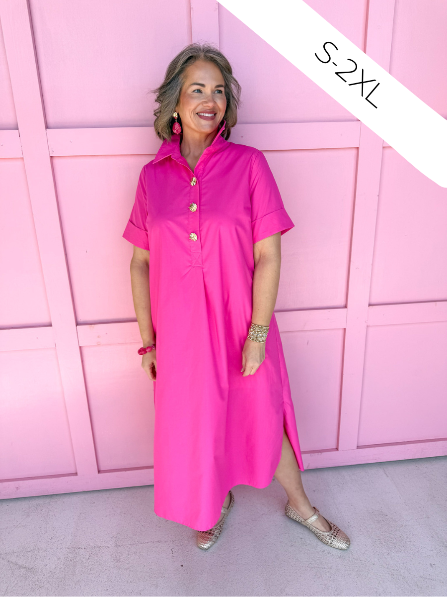 Jincy's Women's Boutique Picture Perfect Dress - Hot Pink Midi Dress with Bold Gold Buttons