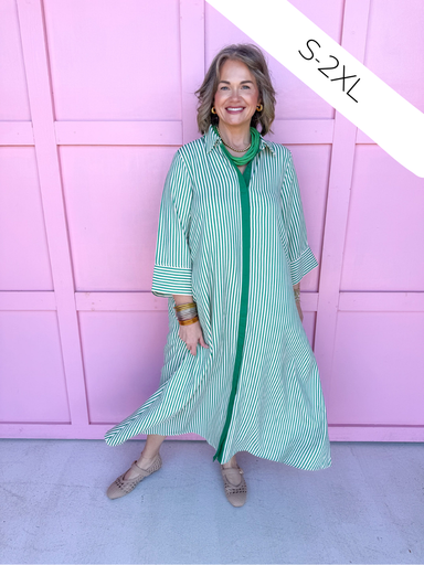 Jincy's Women's Boutique Simply Striped Dress - Green 3/4 Sleeve Maxi Dress with Green Stripes