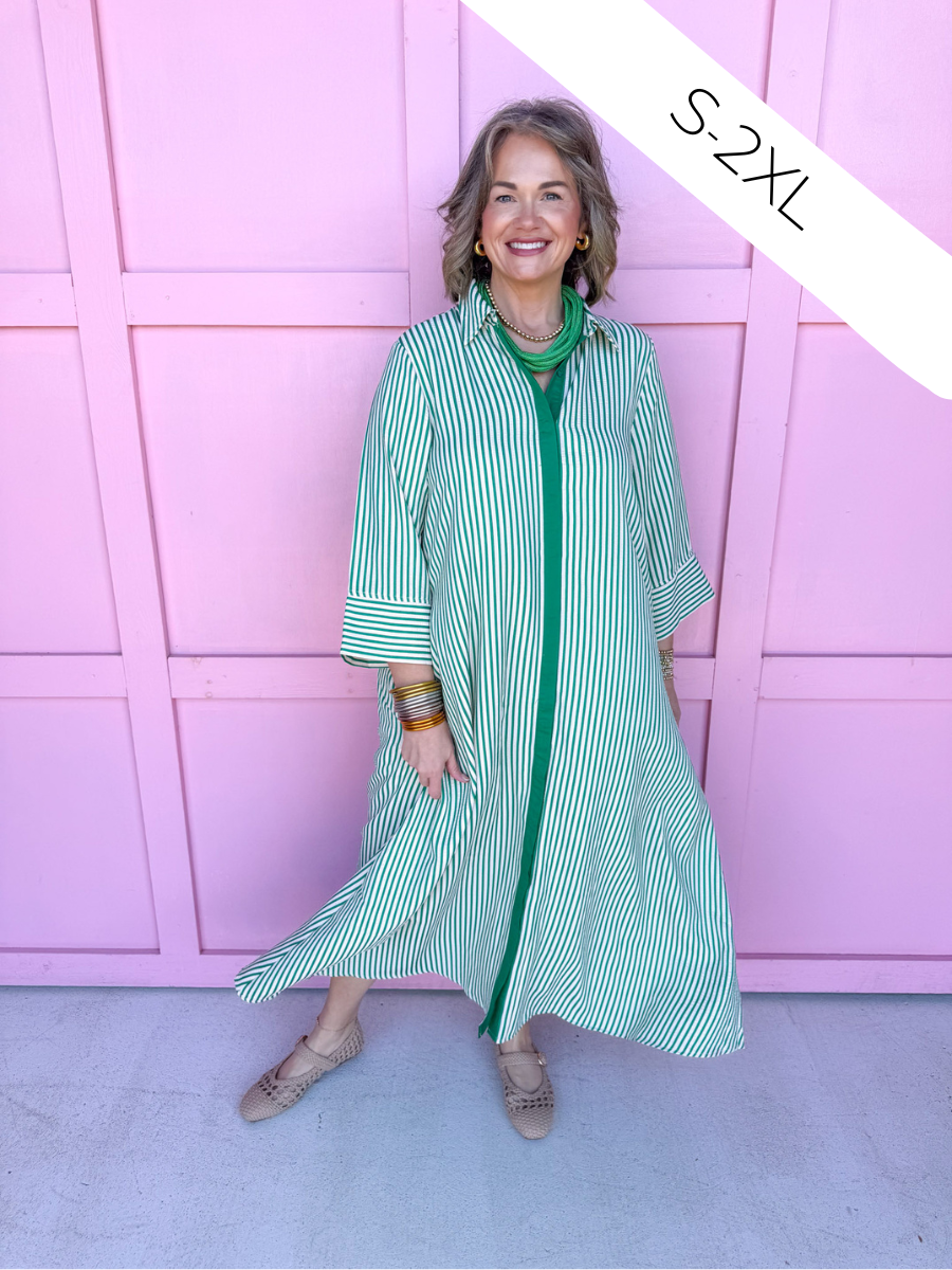 Jincy's Women's Boutique Simply Striped Dress - Green 3/4 Sleeve Maxi Dress with Green Stripes