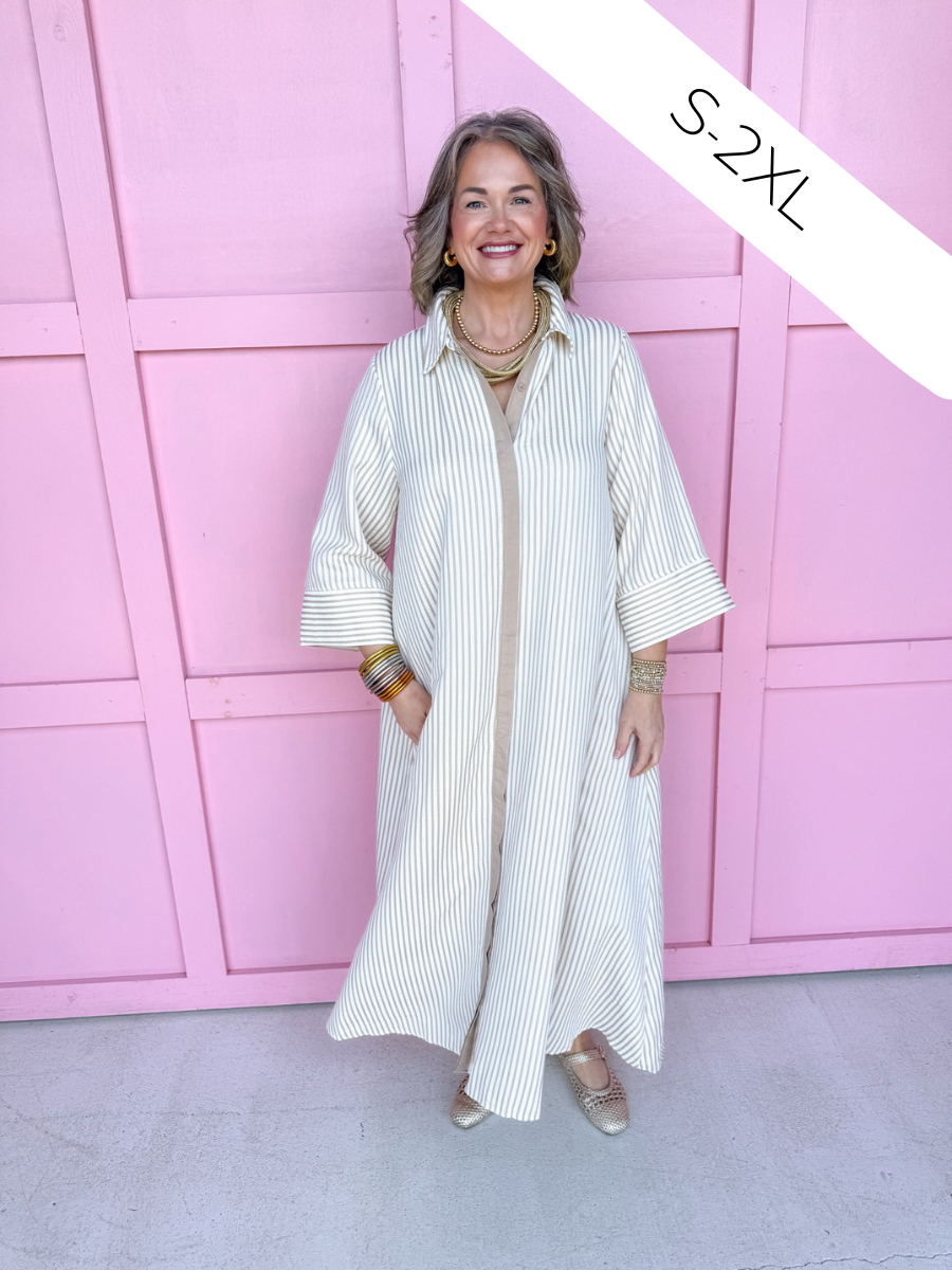 Jincy's Women's Boutique Simply Striped Dress - Sand 3/4 Sleeve Maxi Dress with Tan Stripes