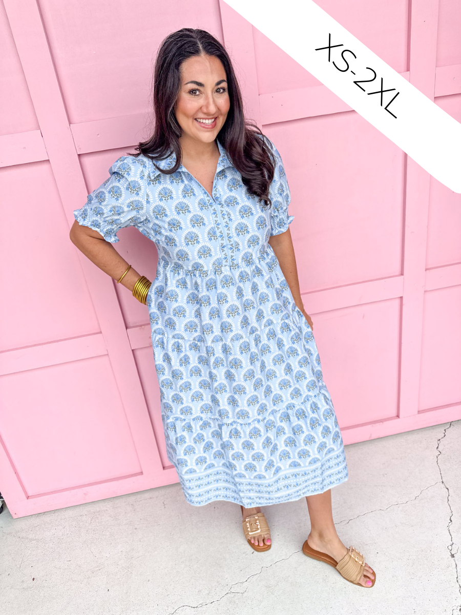 Jincy's Women's Boutique Mary Square Molly Dress Sunshower Flora Blue Plus Size