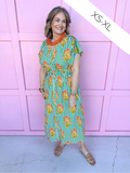 Jincy's Women's Boutique Spring Styles Green Stripe with Orange Florals Maxi Midi Dress