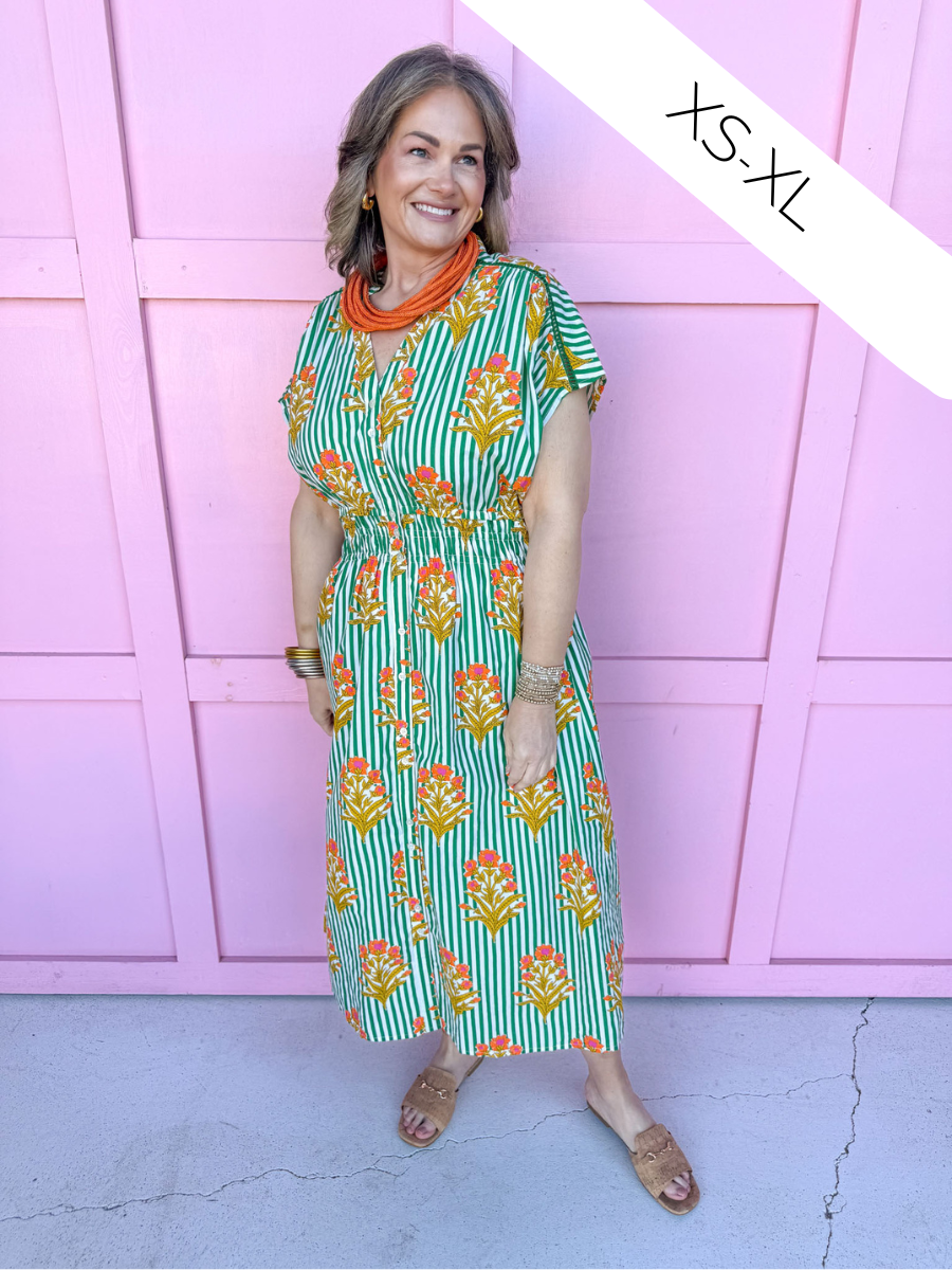 Jincy's Women's Boutique Spring Styles Green Stripe with Orange Florals Maxi Midi Dress