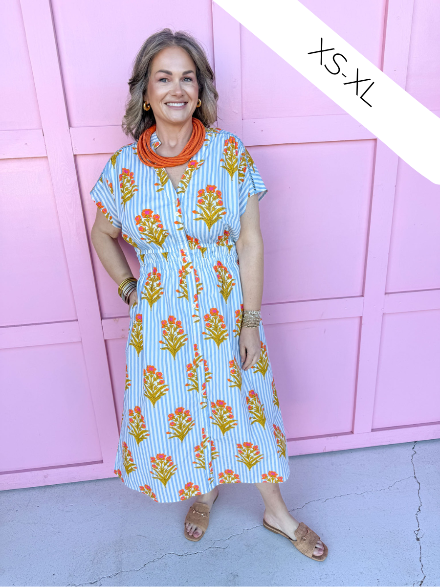 Jincy's Women's Boutique Spring Styles Blue Stripe with Orange Florals Maxi Midi Dress