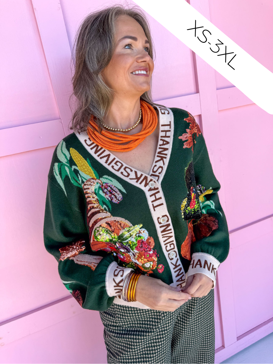 Queen of Sparkles | Dark Green Thanksgiving Button Cardigan