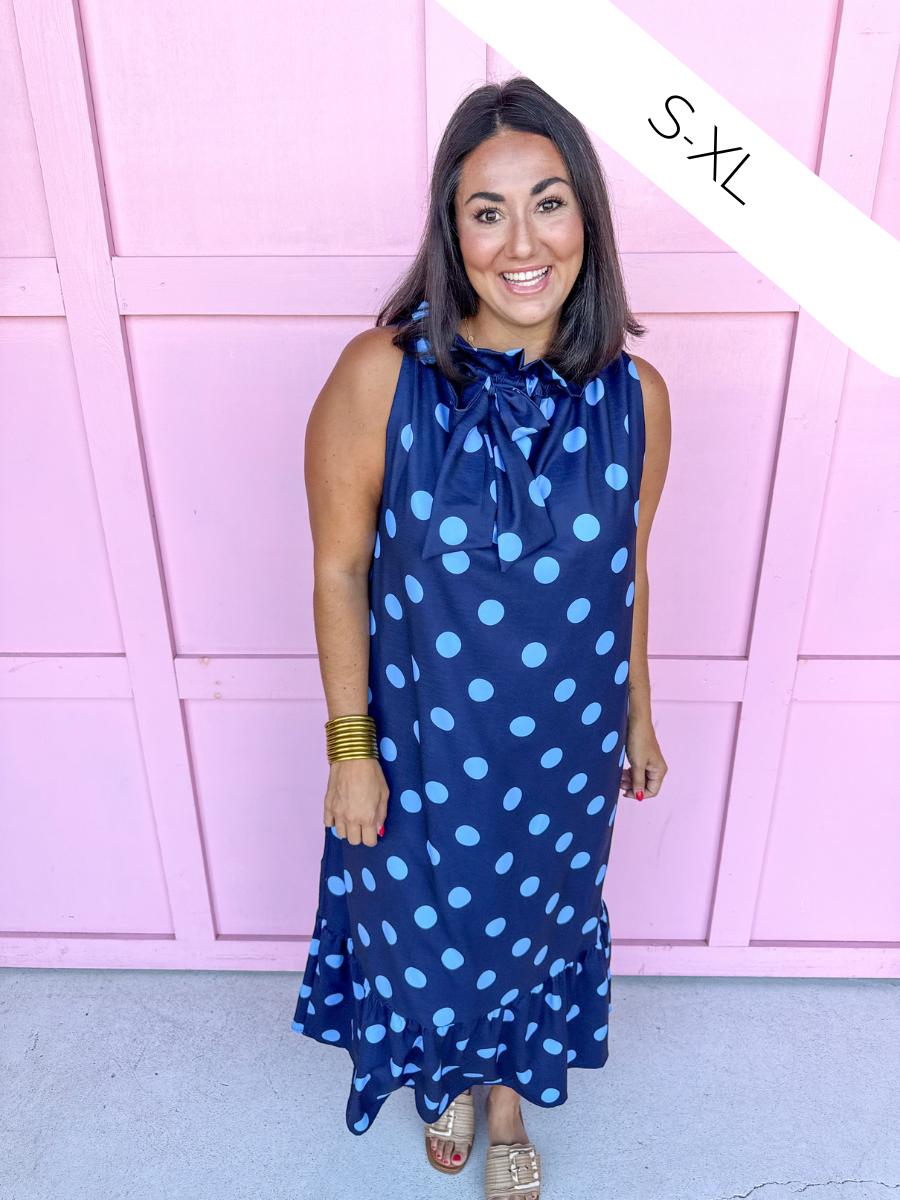 Jincy's Womens Boutique Polka Dot Midi Maxi Dress Ruffle & Tie Neckline