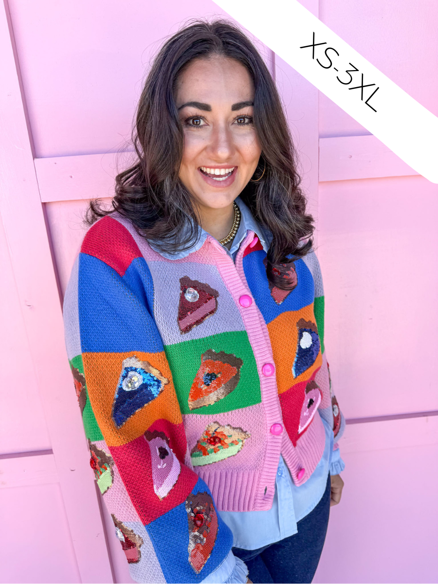 Jincy's Women's Boutique queen of sparkles thanksgiving piece of pie cardigan