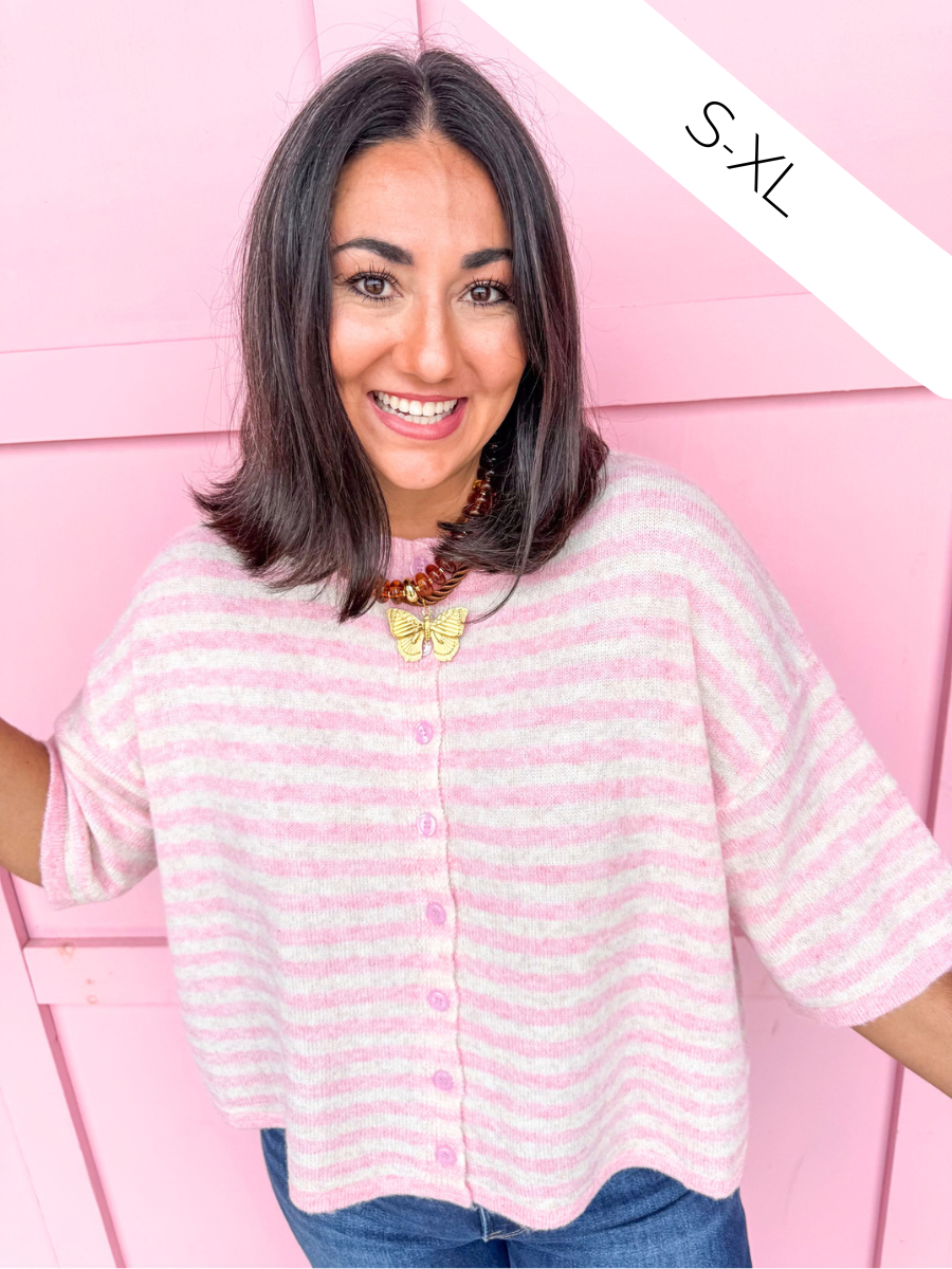Easy Choice Bell Sleeve Cardigan - Pink Stripe