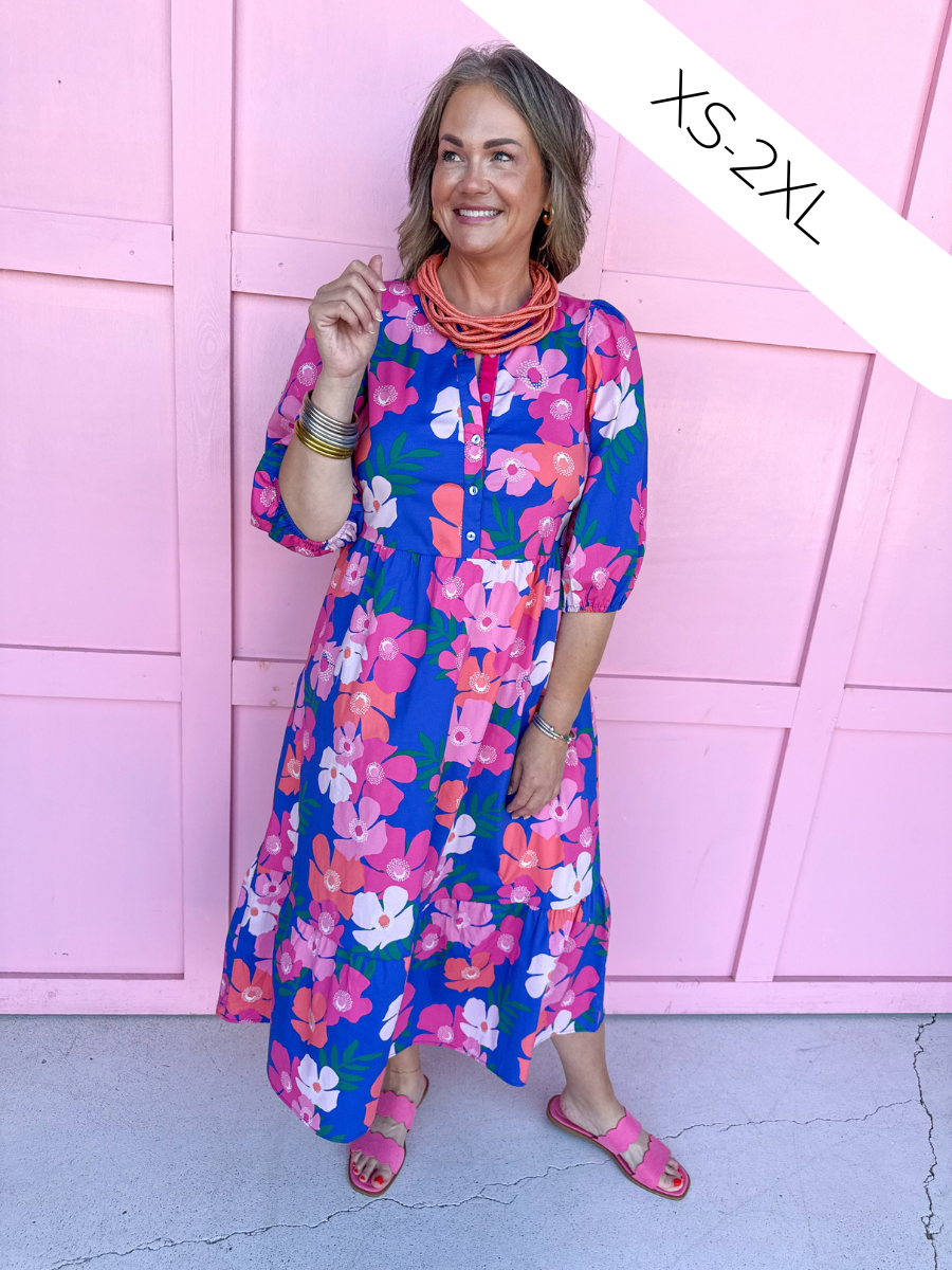 Mary Square Riley Dress Petal Pop Blue floral pinks maxi length elastic sleeves womens boutique