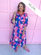 Mary Square Riley Dress Petal Pop Blue floral pinks maxi length elastic sleeves womens boutique